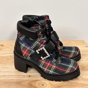 Gianni Bini Pop-Star Plaid Rhinestone Buckle Lug Sole Booties 7.5 Punk